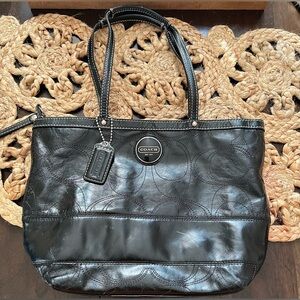 Coach Black Patent Leather Tote Bag with Embossed Design